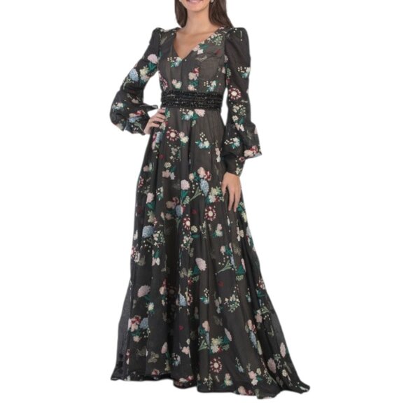 MAC DUGGAL Long Sleeve Floral Embellished Gown Black Multi - Picture 1 of 3